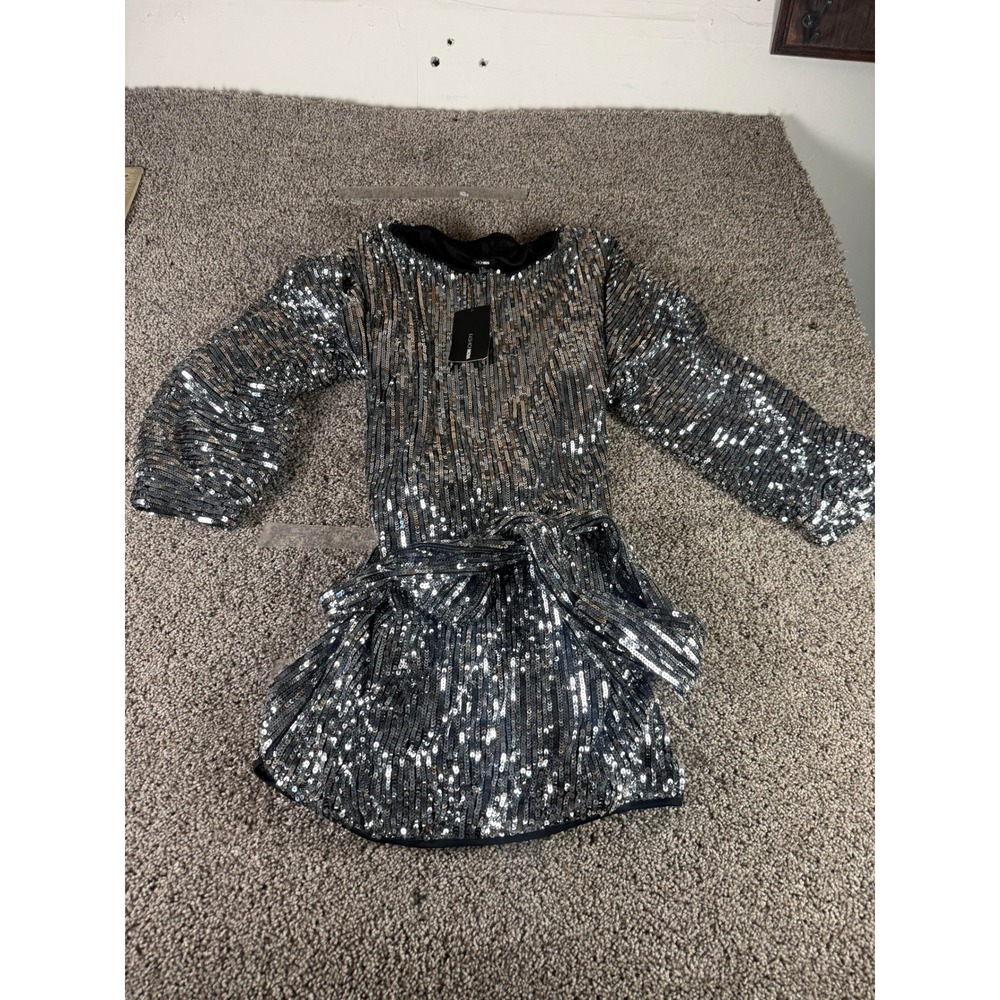 Fashion Nova Wheres The Party At Sequin Mini Dress Women's Silver Belted - XL